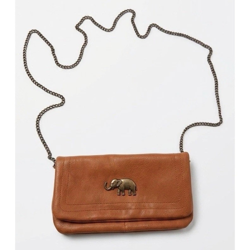 Elephant Crossbody Handbag Brown Purse Boho Heavy Chain  Wallet Snap Closure